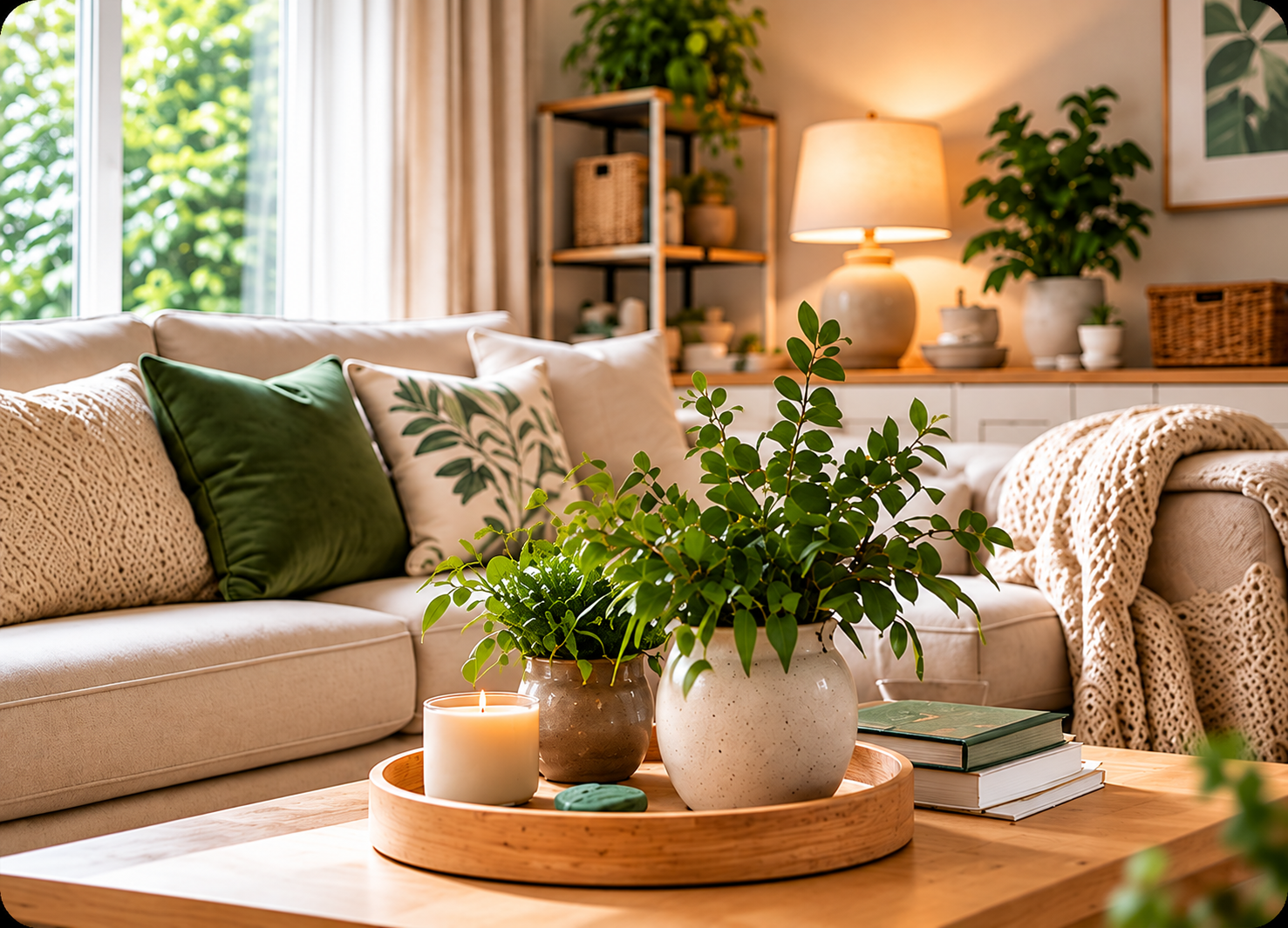 Warm, calm living room with thoughtful home touches