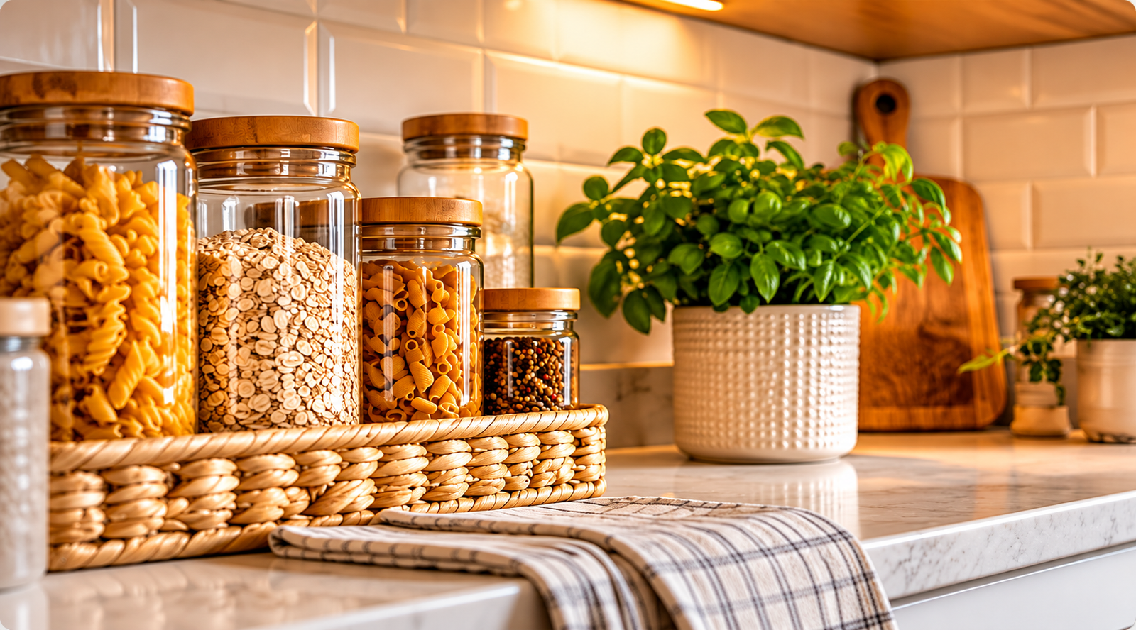 Warm farmhouse pantry countertop with glass storage jars and fresh herbs