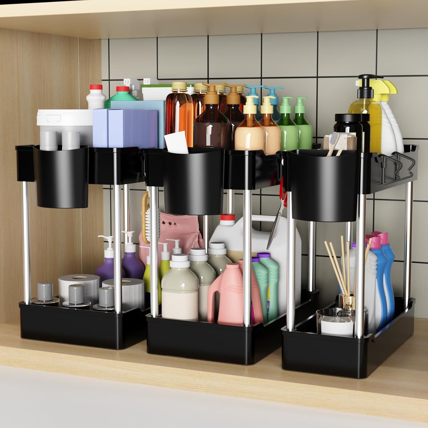 Organised under-sink storage with cleaning supplies