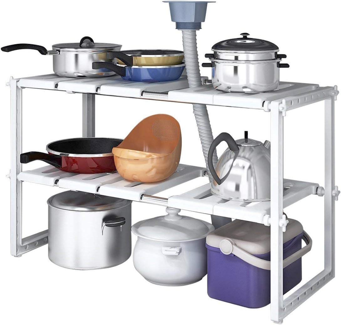 Adjustable shelf with kitchen cookware
