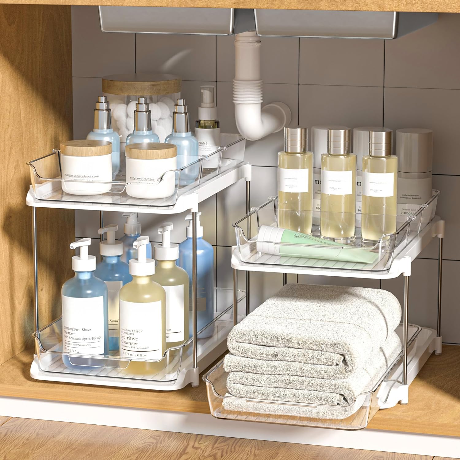 Organised bathroom storage with toiletries