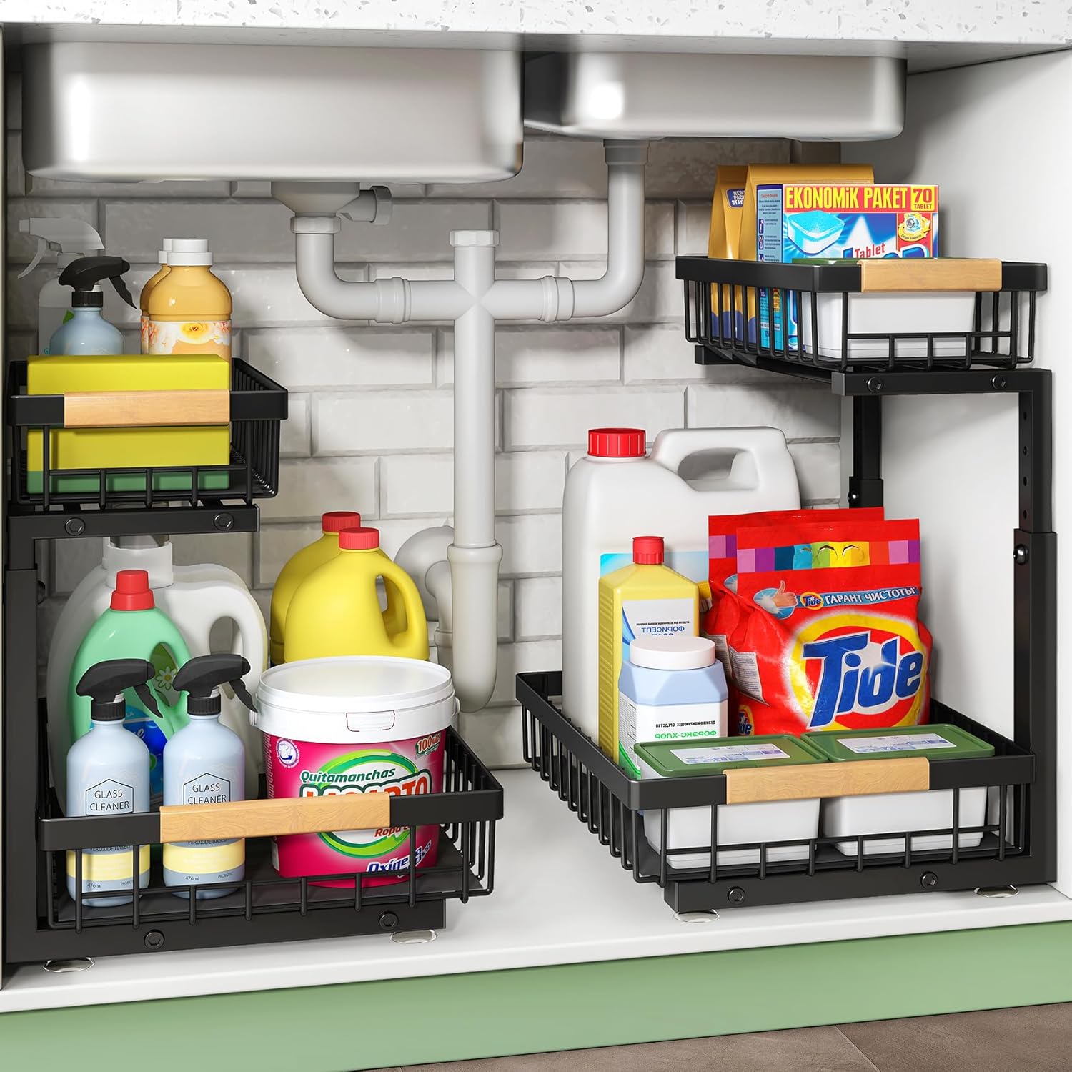 Organised under-sink storage with cleaning supplies