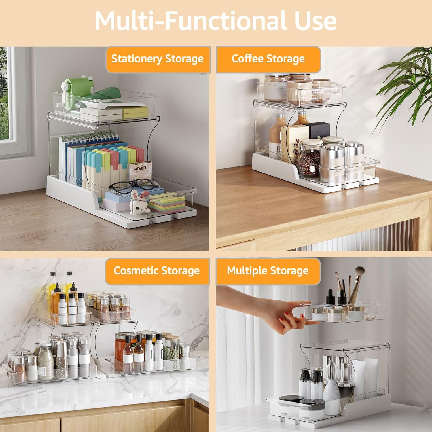 Clear 2 tier bathroom organiser with pull-out drawers for toiletries