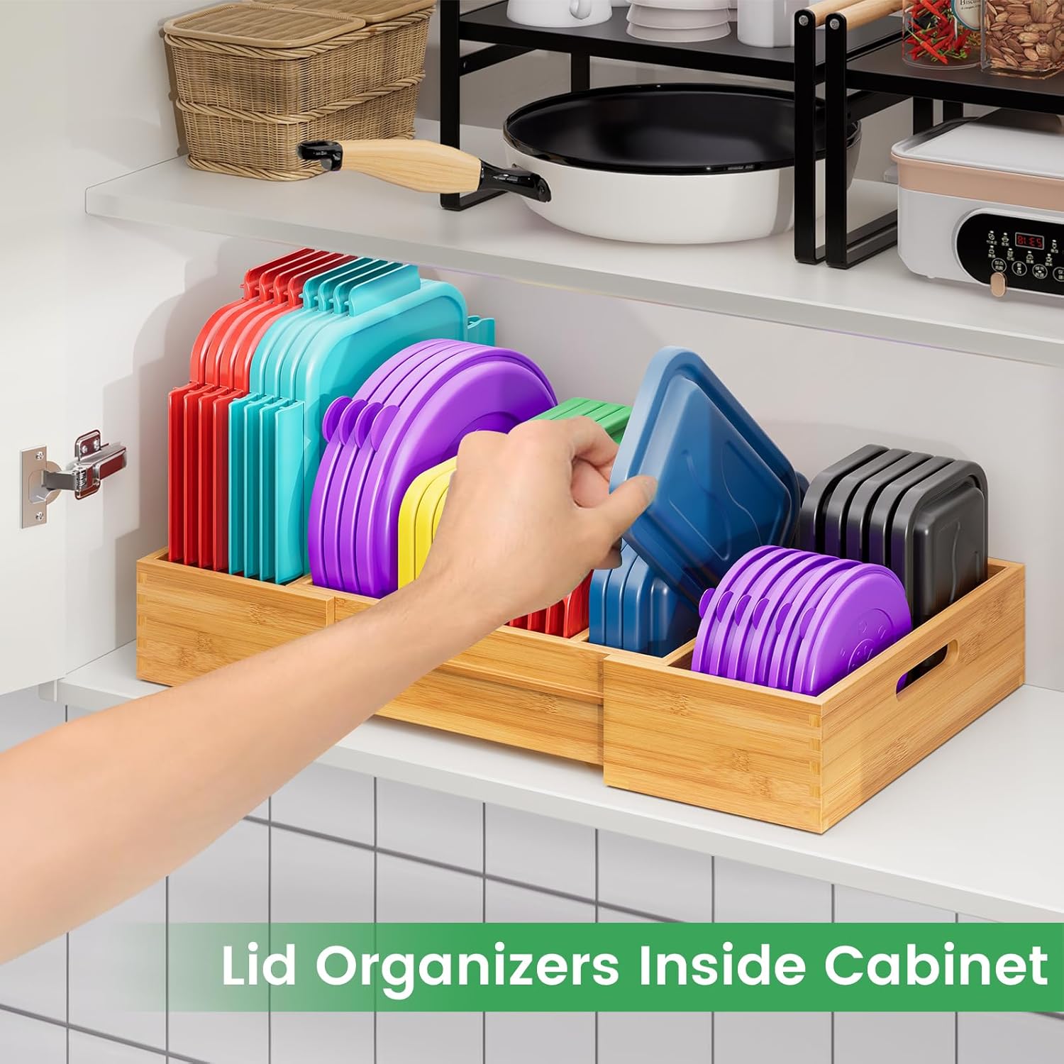 Expandable Bamboo Lid Organizers Inside Cabinet