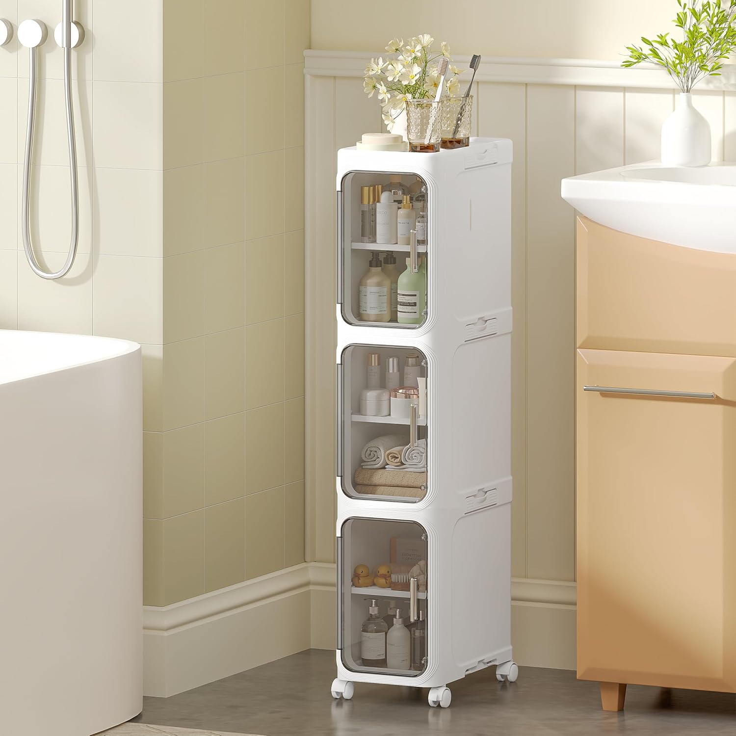 HOMIDEC narrow 3 tier bathroom cabinet with wheels