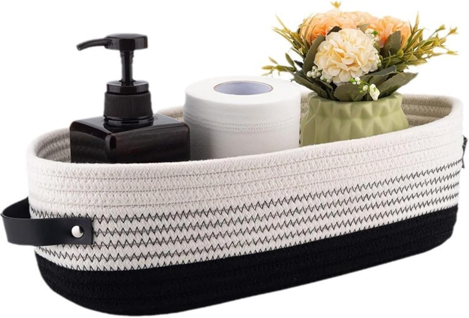 Handmade Cotton Rope Storage Basket with Leather Handles