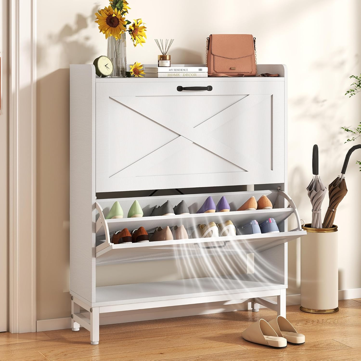 Hawthyhome Slim Shoe Cabinet with 2 Flip Drawers