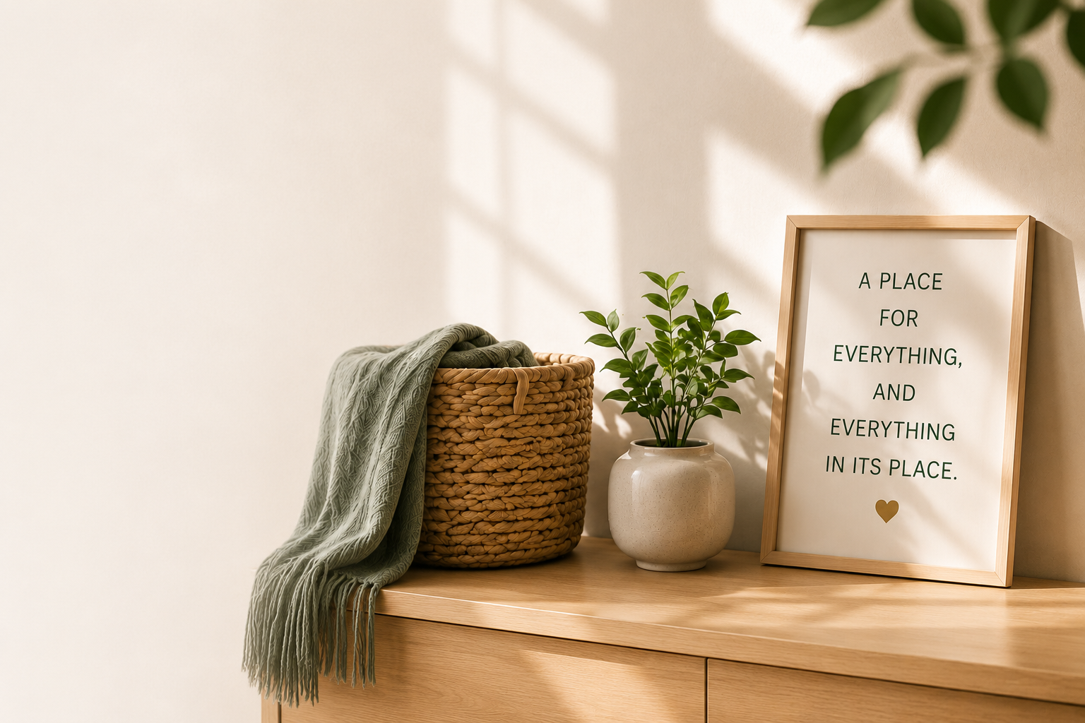 Organised home scene with basket, plant and framed quote