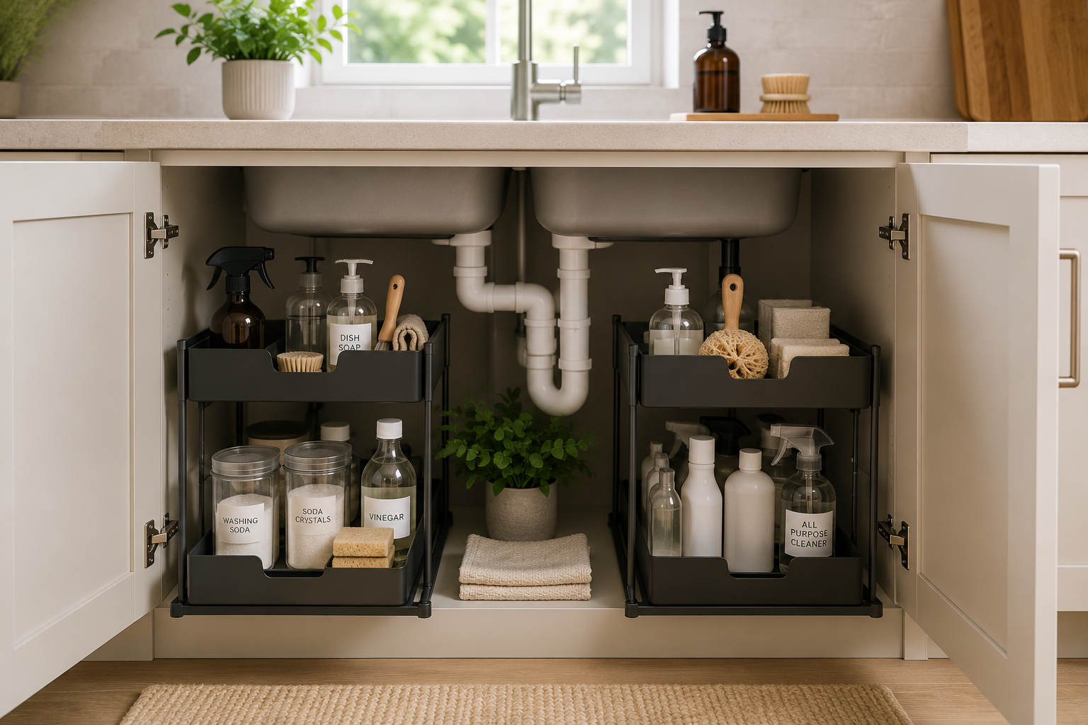 Under sink storage organiser in a tidy cupboard