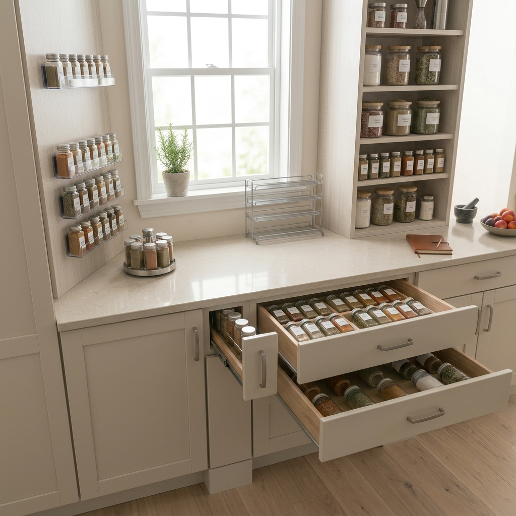 Organised small kitchen with spice racks, open spice drawers and neatly stored jars