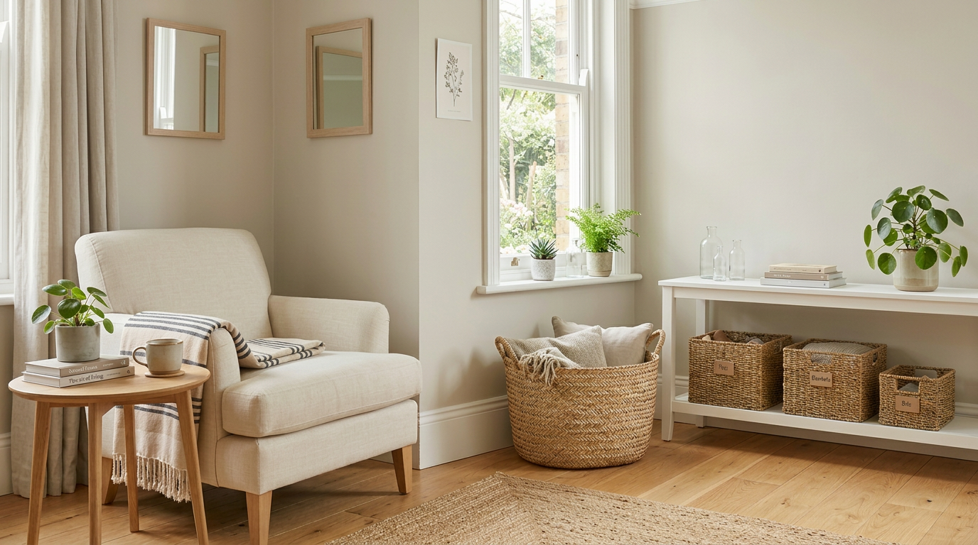 Calm living room corner with baskets, armchair, plants and clear surfaces