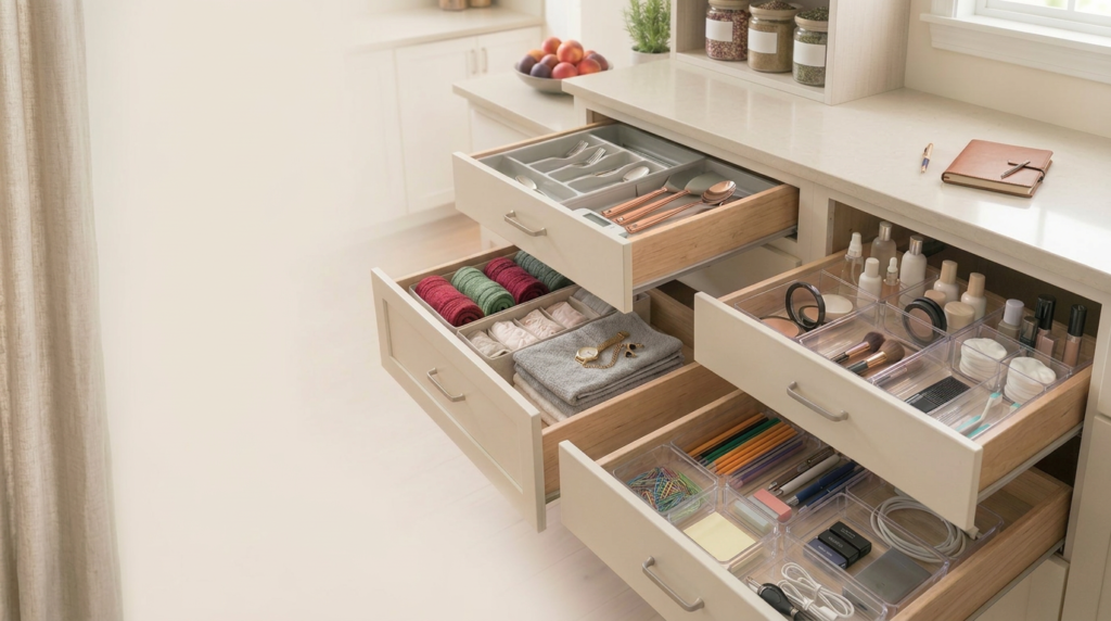 Organised home drawers with cutlery trays, clothes dividers, beauty organisers and office storage
