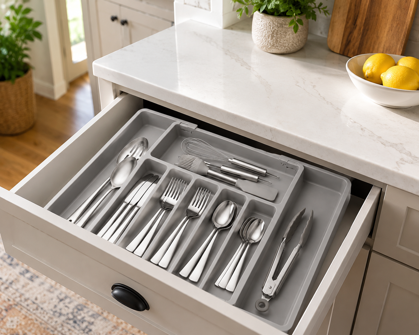 Open kitchen drawer with a grey cutlery organiser holding neatly arranged utensils