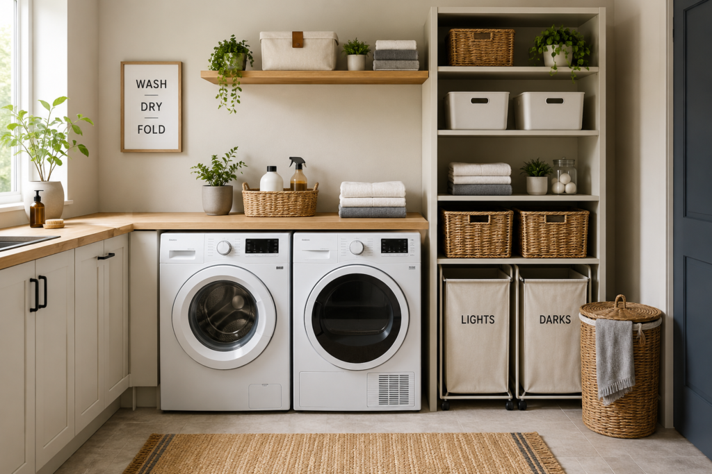Tidy modern laundry with natural elements