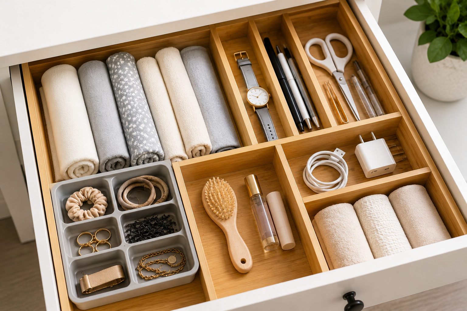 Open drawer with bamboo dividers, rolled cloths, jewellery, pens, scissors, hair accessories and small everyday items neatly organised