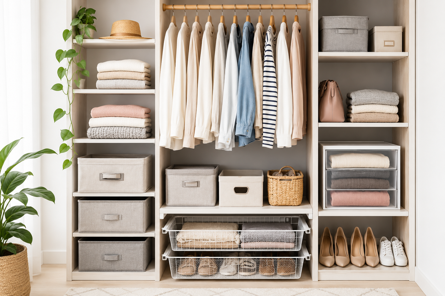Open wardrobe with hanging clothes, folded jumpers, fabric storage boxes, baskets, wire drawers and neatly arranged shoes